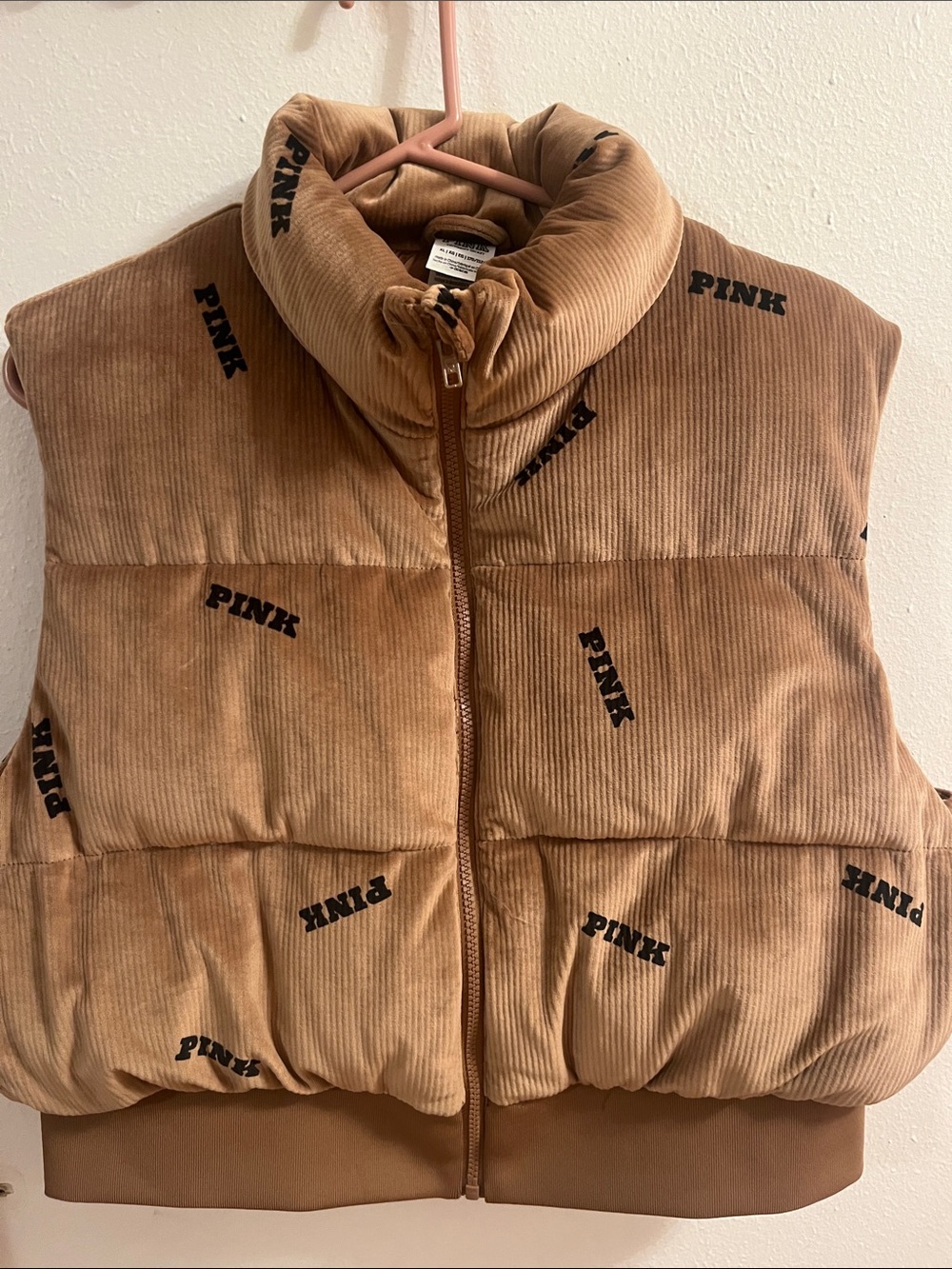 PINK Victoria's Secret Tan Corduroy Puffer Vest with Black Logo